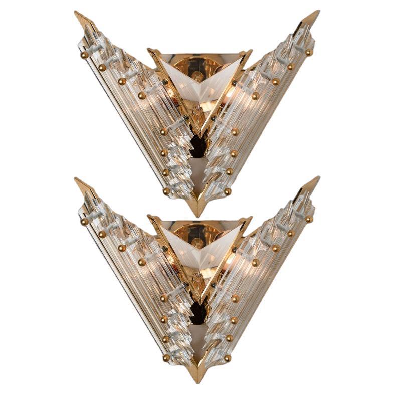 Pair of Venini Style Triedroglass Glass and Brass Sconces, Italy, 1970s