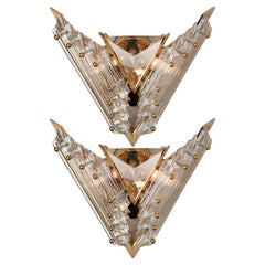 Vintage Pair of Venini Style Triedroglass Glass and Brass Sconces, Italy, 1970s