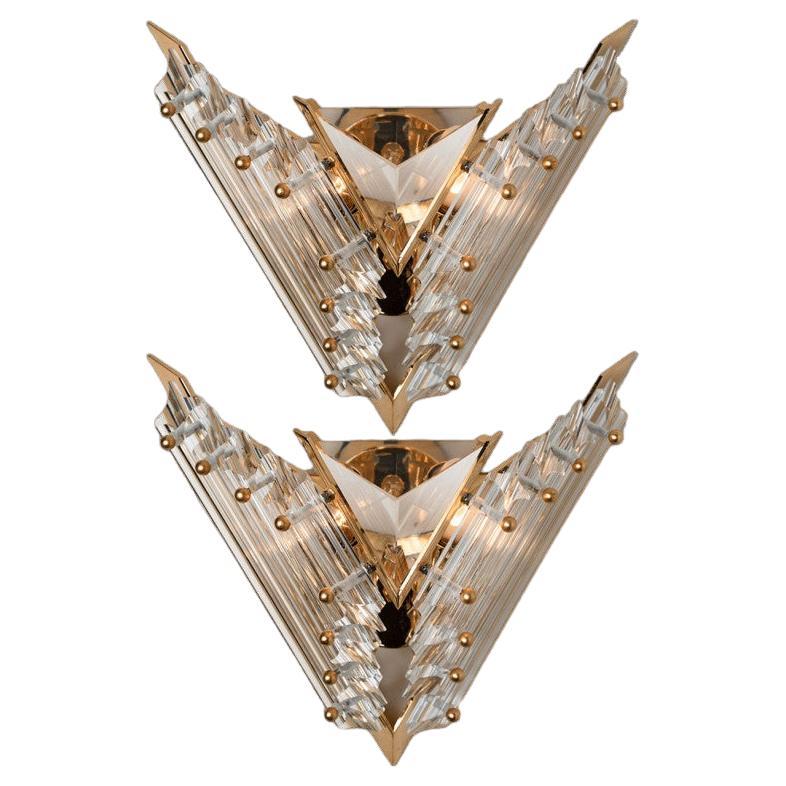 Paire d'appliques de style Venini en verre à trois gouttes et laiton, Italie, 1970 en vente