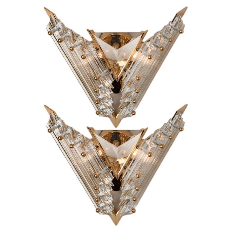 Pair of Venini Style Triedroglass Glass and Brass Sconces, Italy, 1970s