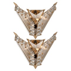 Pair of Venini Style Triedroglass Glass and Brass Sconces, Italy, 1970s