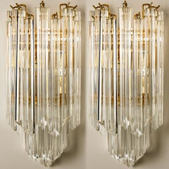 pair of Venini Style Triedroglass Tree Tears Clear Gold Glass Brass Sconces