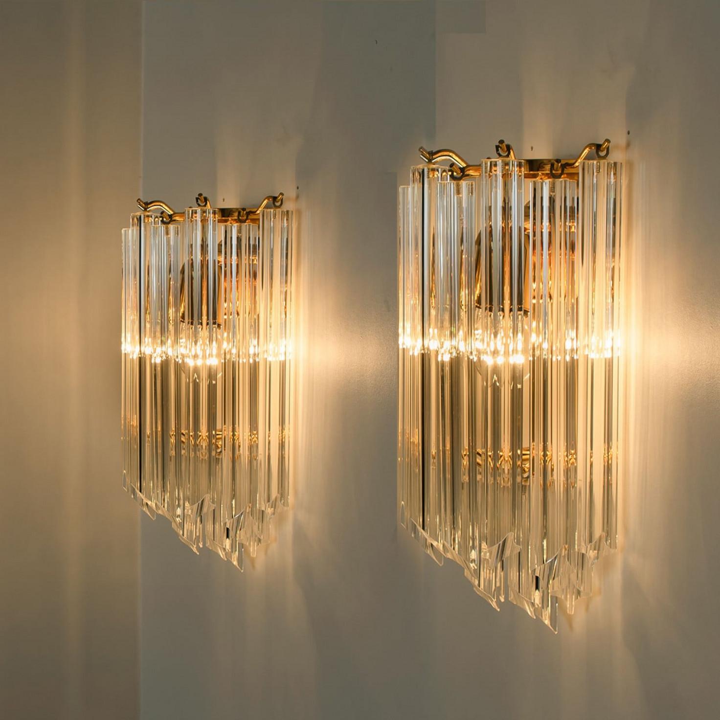 Pareja de Lámparas de Latón Estilo Venini Triedroglass Lágrimas de Árbol Cristal Dorado Transparente siglo XX en venta