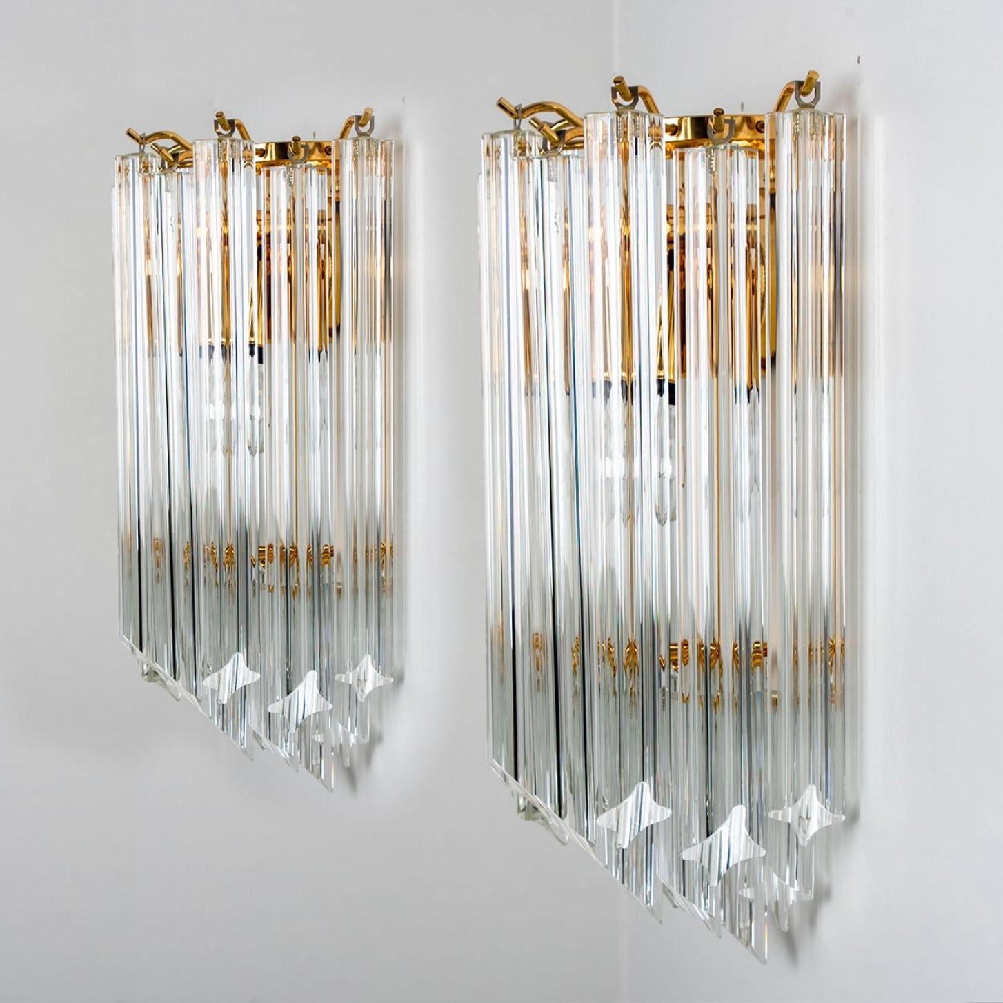 Ottone coppia di Venini Style Triedroglass Tree Tears in vetro oro chiaro in ottone in vendita