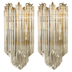 pair of Venini Style Triedroglass Tree Tears Clear Gold Glass Brass Sconces