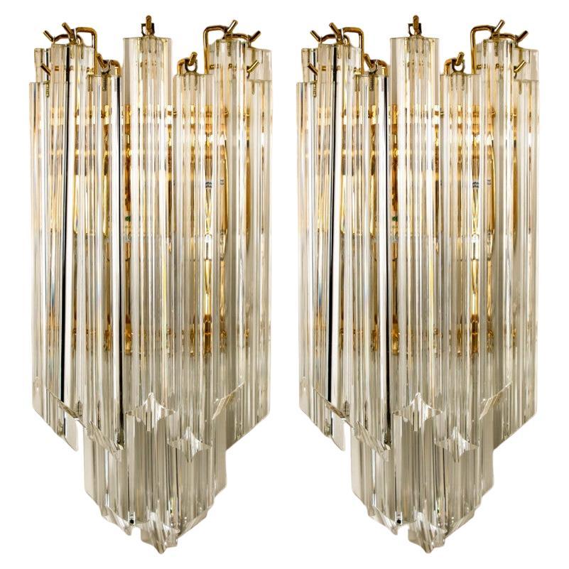 Pareja de Lámparas de Latón Estilo Venini Triedroglass Lágrimas de Árbol Cristal Dorado Transparente en venta