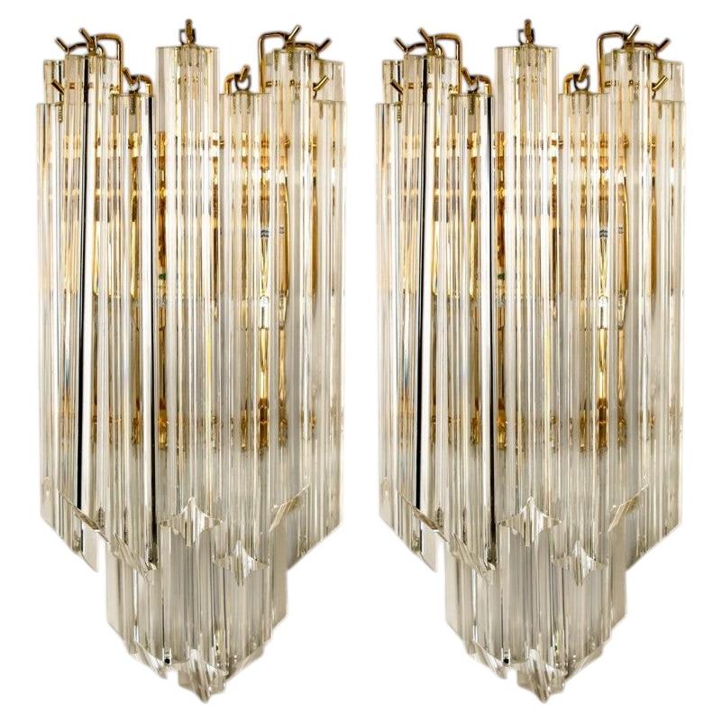 pair of Venini Style Triedroglass Tree Tears Clear Gold Glass Brass Sconces