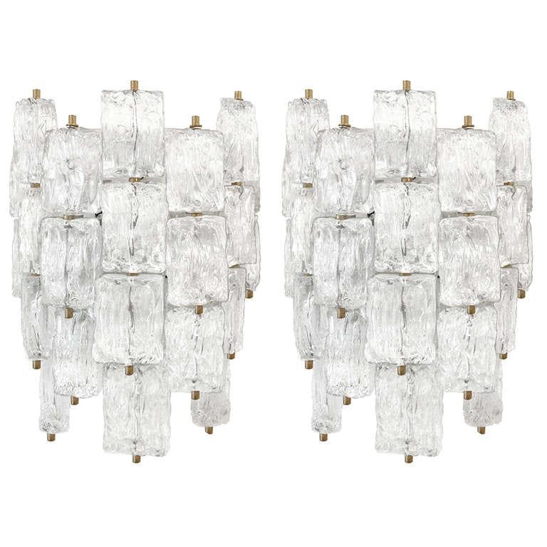 Italian Pair of Venini Textured Glass and Brass Sconces For Sale