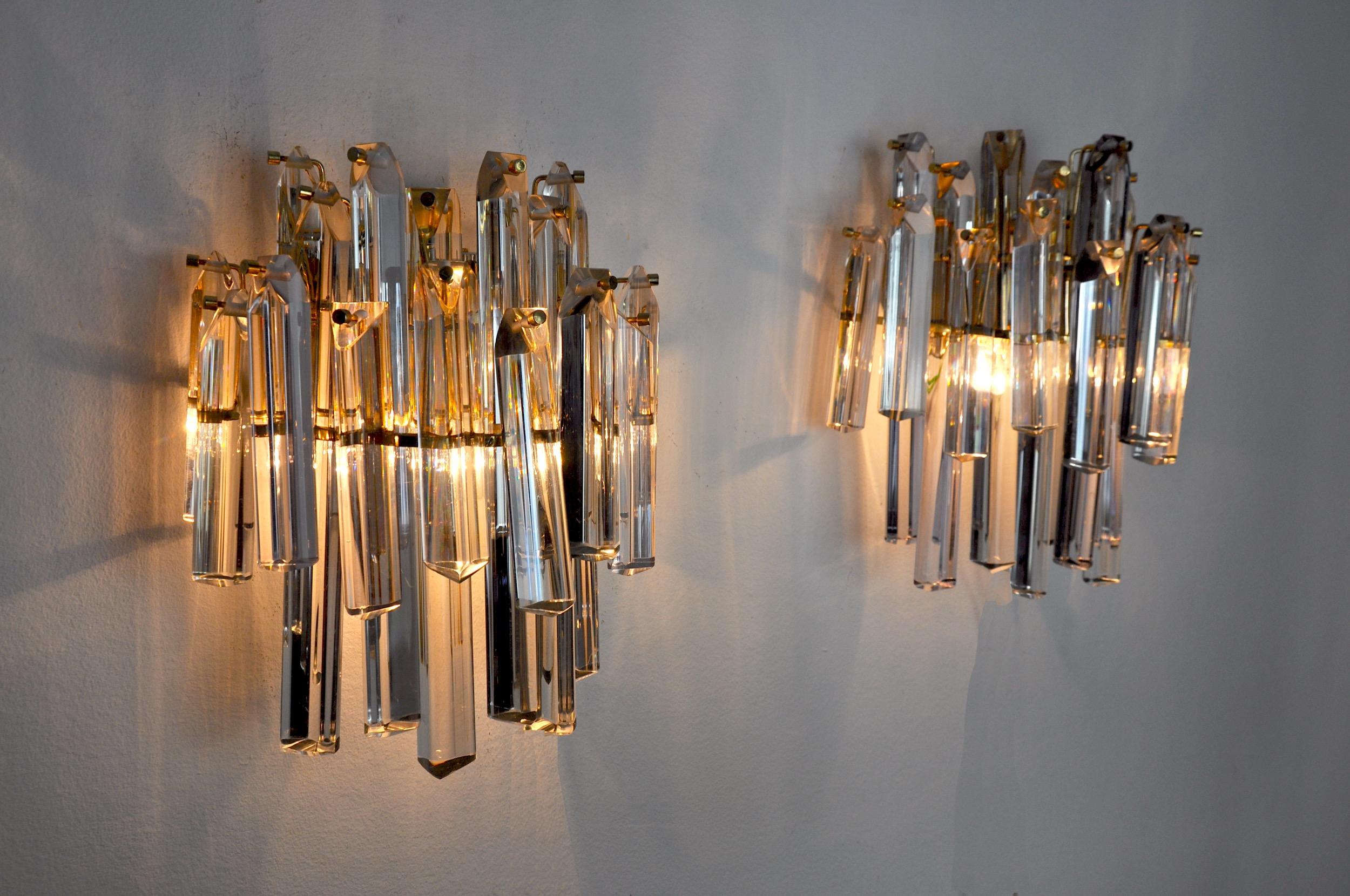 Fin du 20e siècle Paire de lampes murales Venini, 2 niveaux, verre de Murano, Italie, 1970 en vente