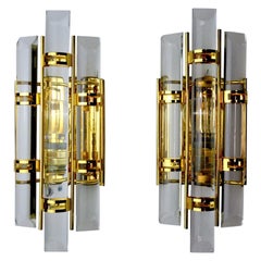 Pair of Venini Wall Lamps, Cut Glass, Murano, Italy, 1970