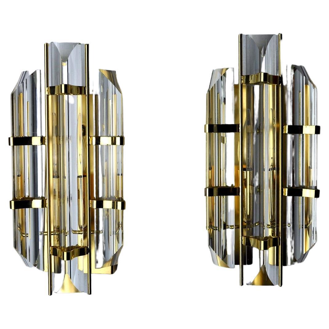 Pair of Venini Wall Lamps, Cut Glass, Murano, Italy, 1970 For Sale