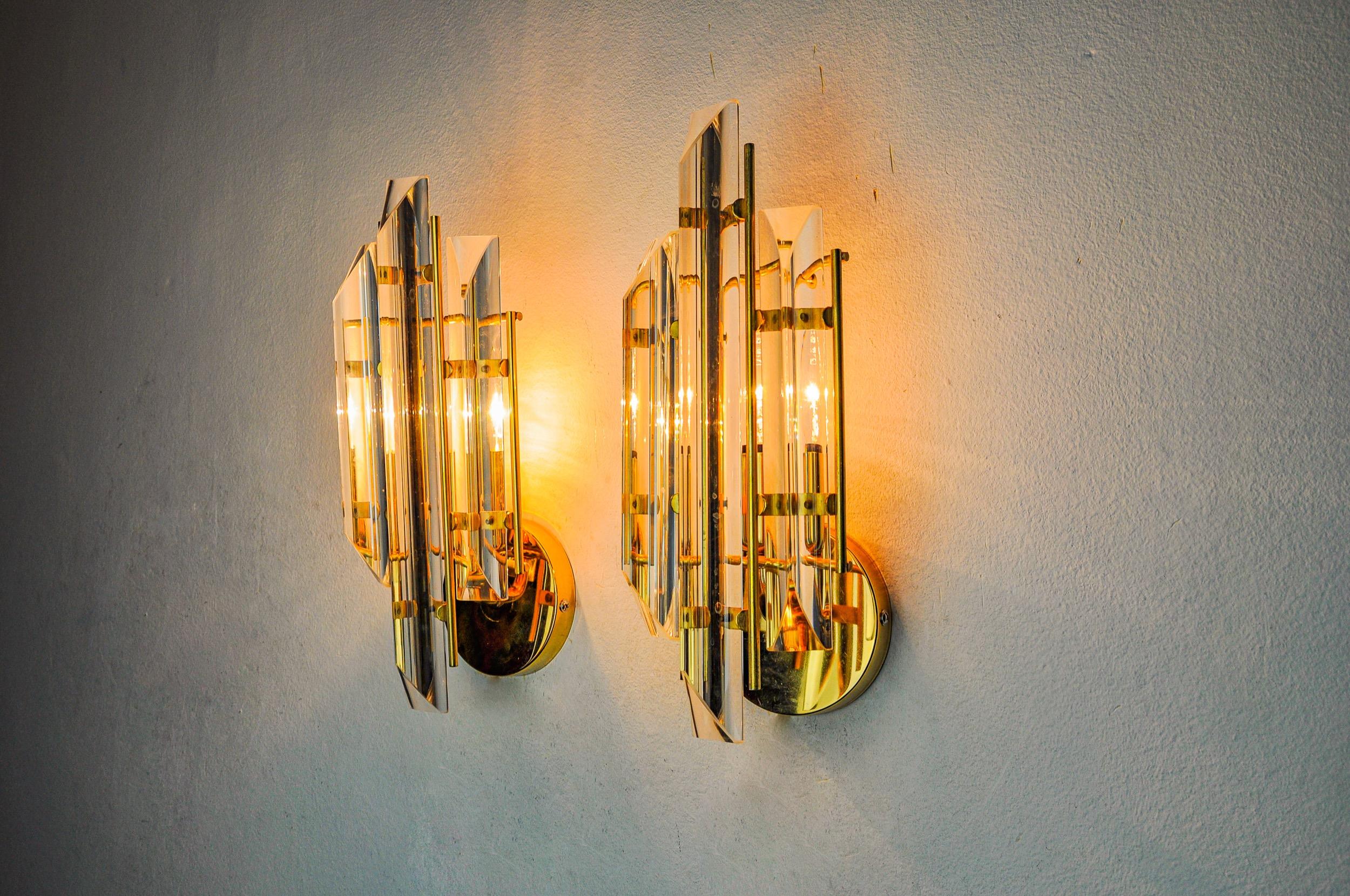 italien Paire d'appliques Venini, verre Triedri, Murano, Italie 1970 en vente