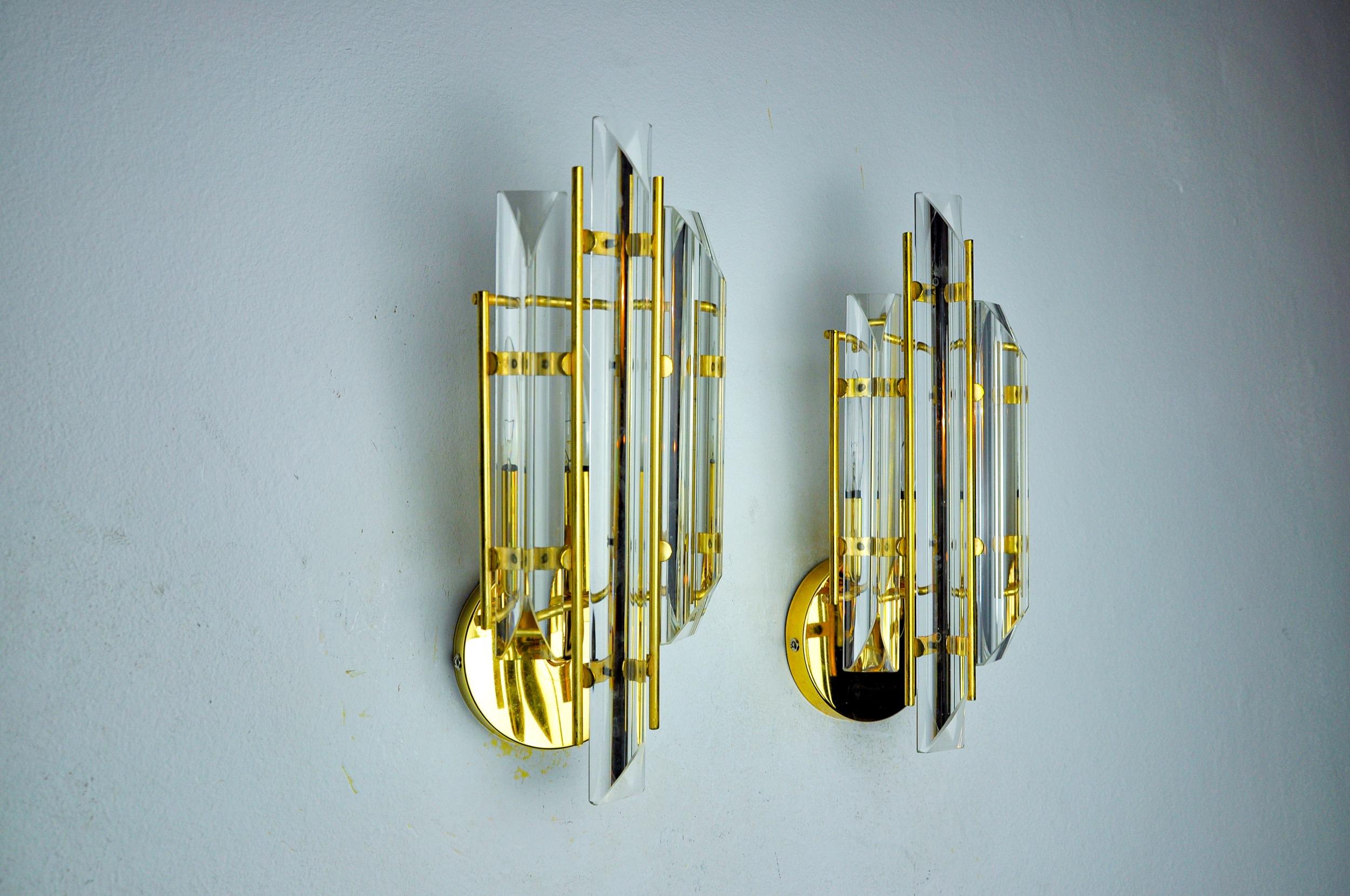 Paire d'appliques Venini, verre Triedri, Murano, Italie 1970 Bon état - En vente à BARCELONA, ES