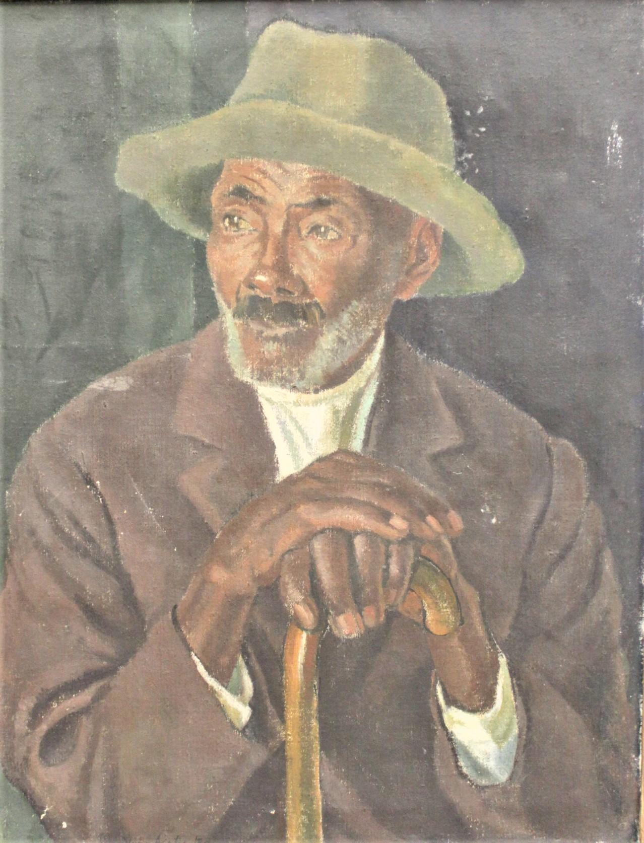 This pair of oil paintings on canvas are done by the well known portrait and landscape Russian artist, Vera Alabaster in circa 1940 in a Folk Art style. The paintings depict a Jamaican man and is titled 