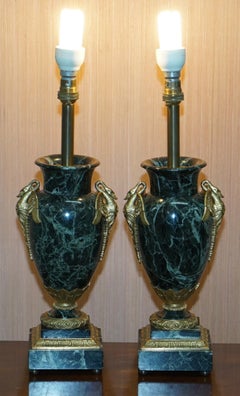 Pair of Verde Marble Swan Gilt Metal Handle Mounted Vase Table Lamps, circa 1900