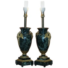 Antique Pair of Verde Marble Swan Gilt Metal Handle Mounted Vase Table Lamps, circa 1900