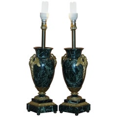 Pair of Verde Marble Swan Gilt Metal Handle Mounted Vase Table Lamps, circa 1900