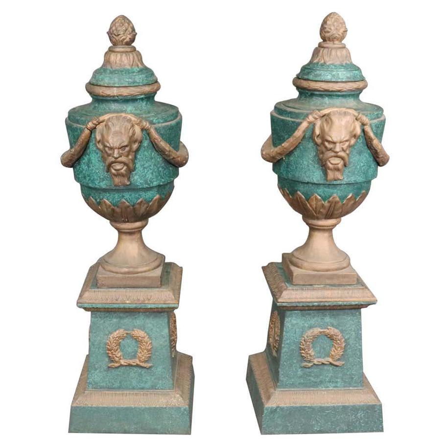 Pair of Verdigris and Metal Garden Urns For Sale