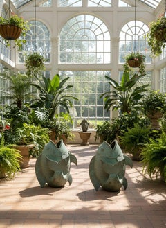 Pair of Verdigris Bronze Koi Fish Garden Sculptures Jardinieres Planters c. 1950