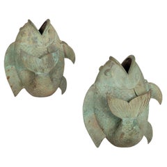 Pair of Verdigris Bronze Koi Fish Garden Sculptures Jardinieres Planters c.1950