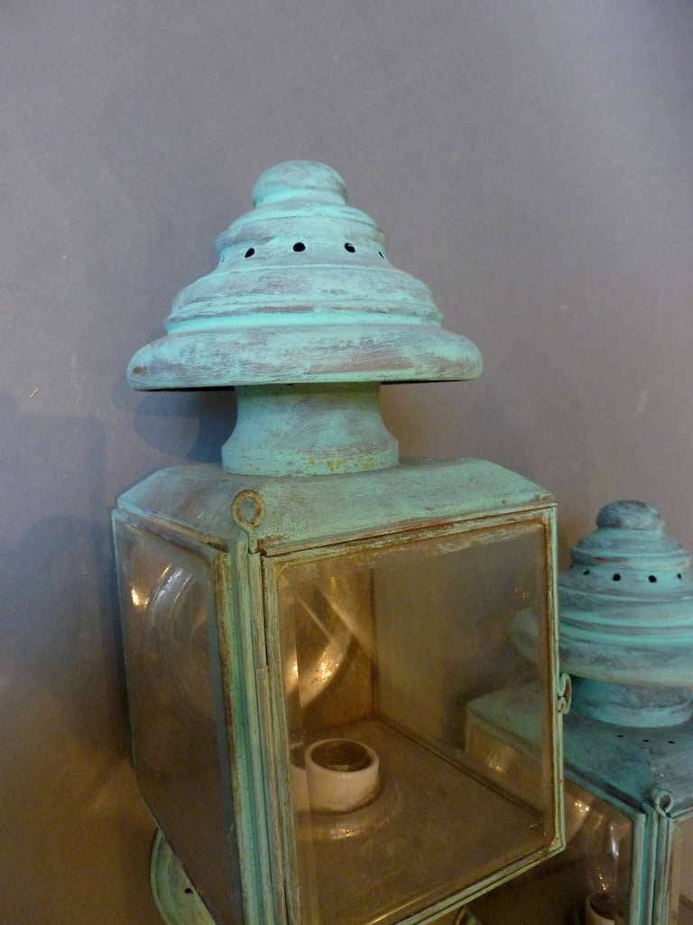 Patinated Pair of Copper Verdigris Green Carriage Lamps