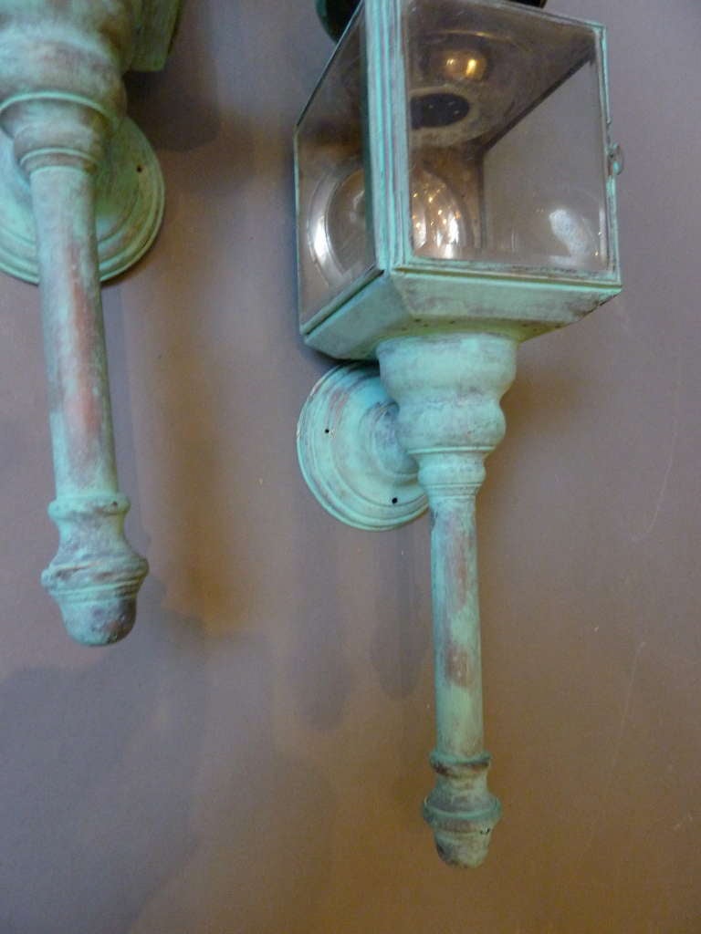 Pair of Copper Verdigris Green Carriage Lamps In Good Condition In Middleburg, VA