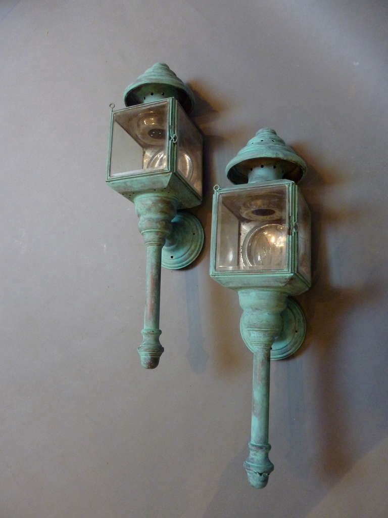 20th Century Pair of Copper Verdigris Green Carriage Lamps
