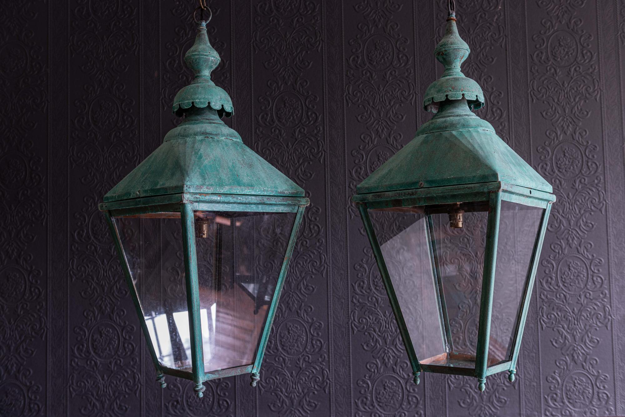 British Pair of Verdigris Copper Lanterns