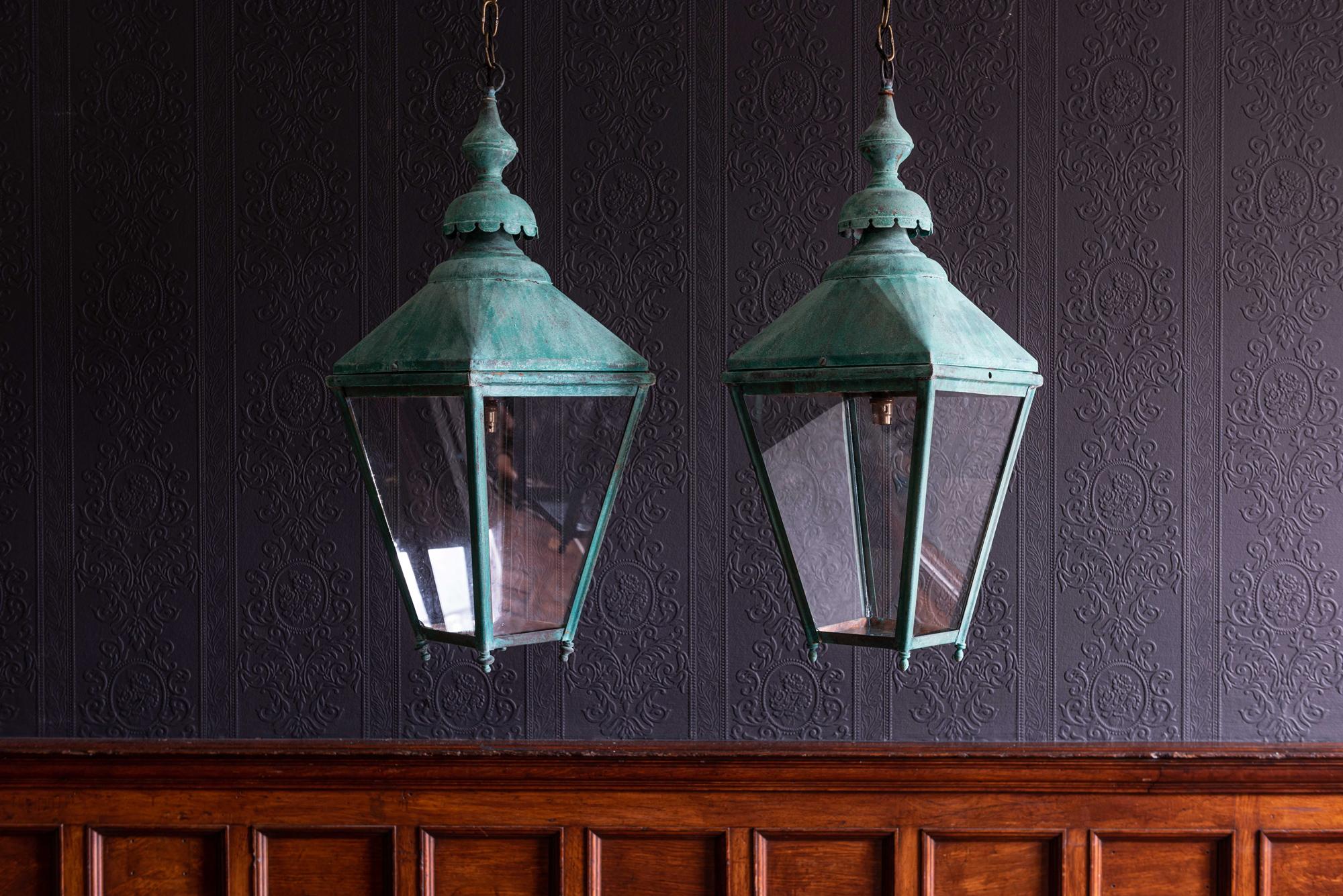 Pair of Verdigris Copper Lanterns In Good Condition In Staffordshire, GB