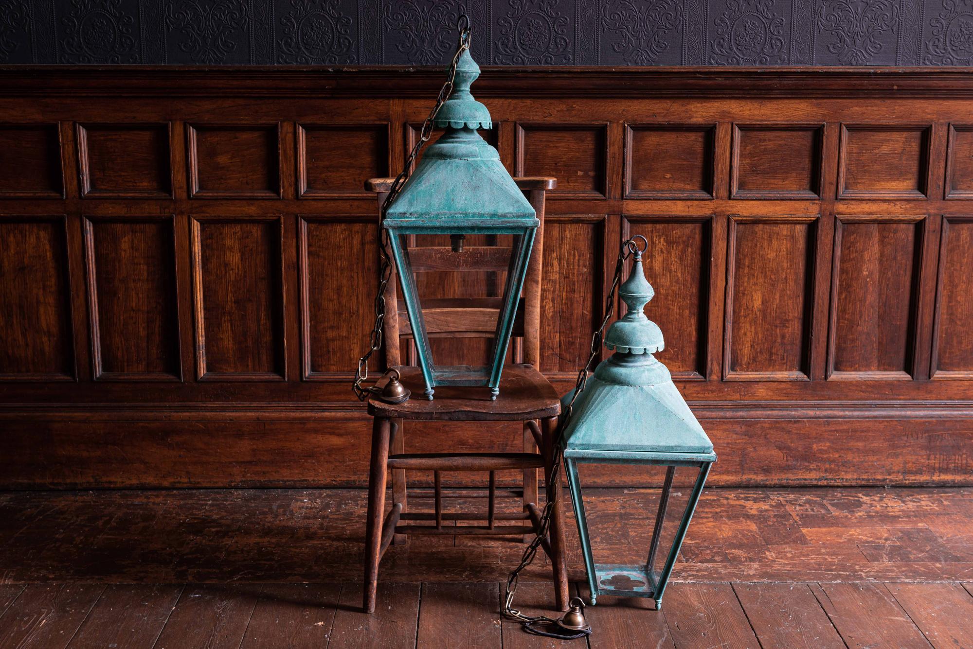 Mid-20th Century Pair of Verdigris Copper Lanterns