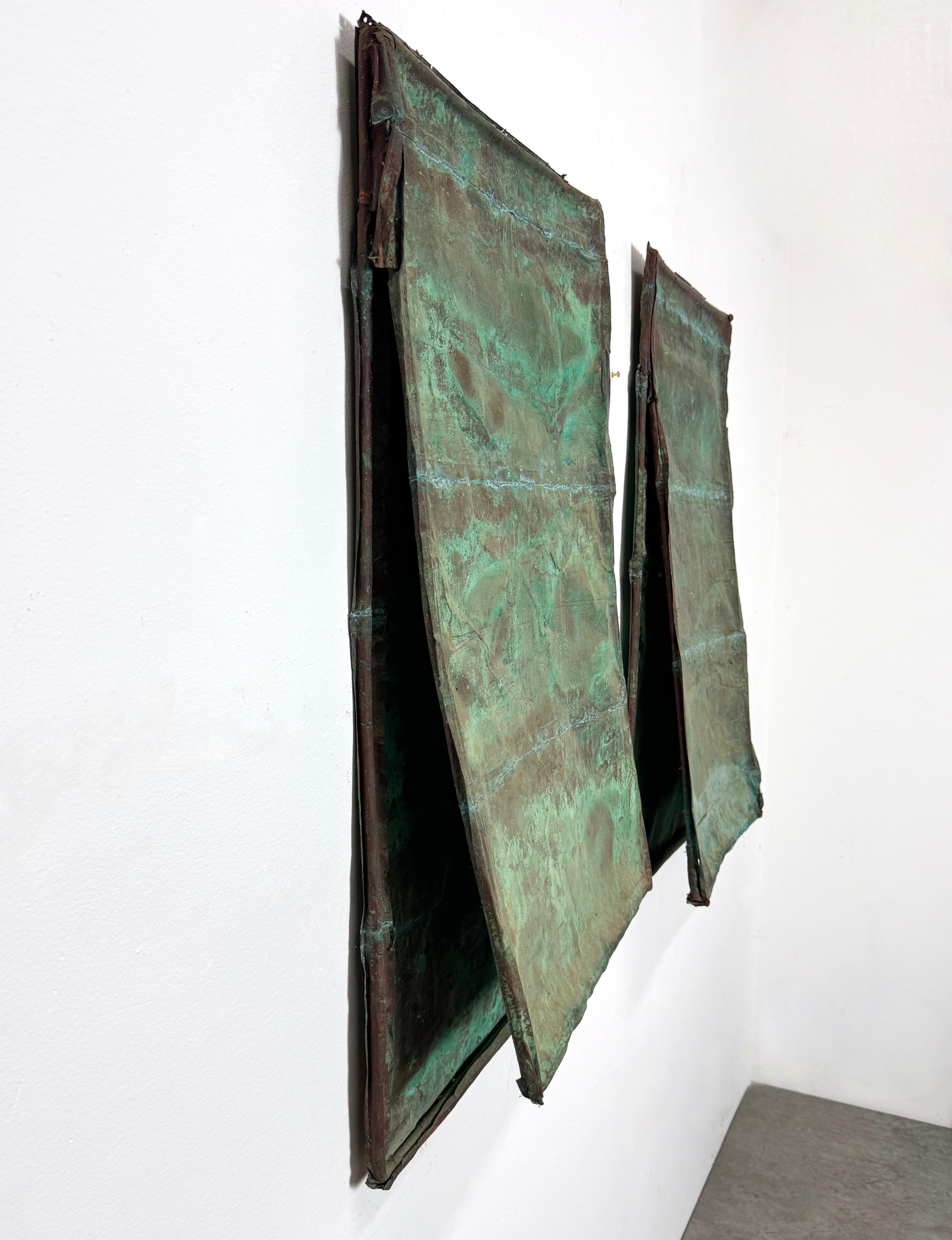 Mid-Century Modern Pair of Verdigris Copper Wall Panel Relief Sculptures by Eugene Sturman 1970s For Sale
