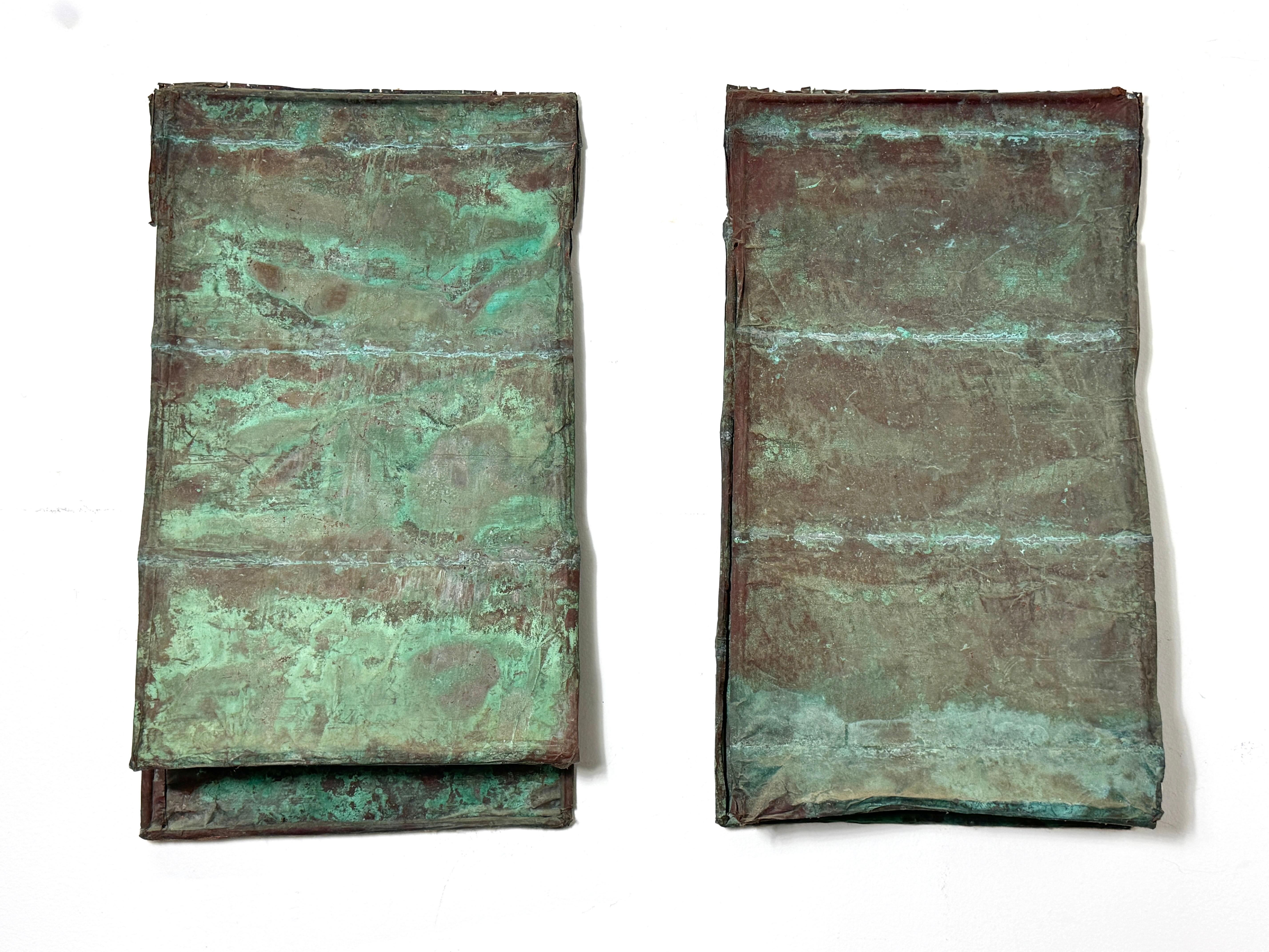 Pair of Verdigris Copper Wall Panel Relief Sculptures by Eugene Sturman 1970s In Fair Condition For Sale In Troy, MI