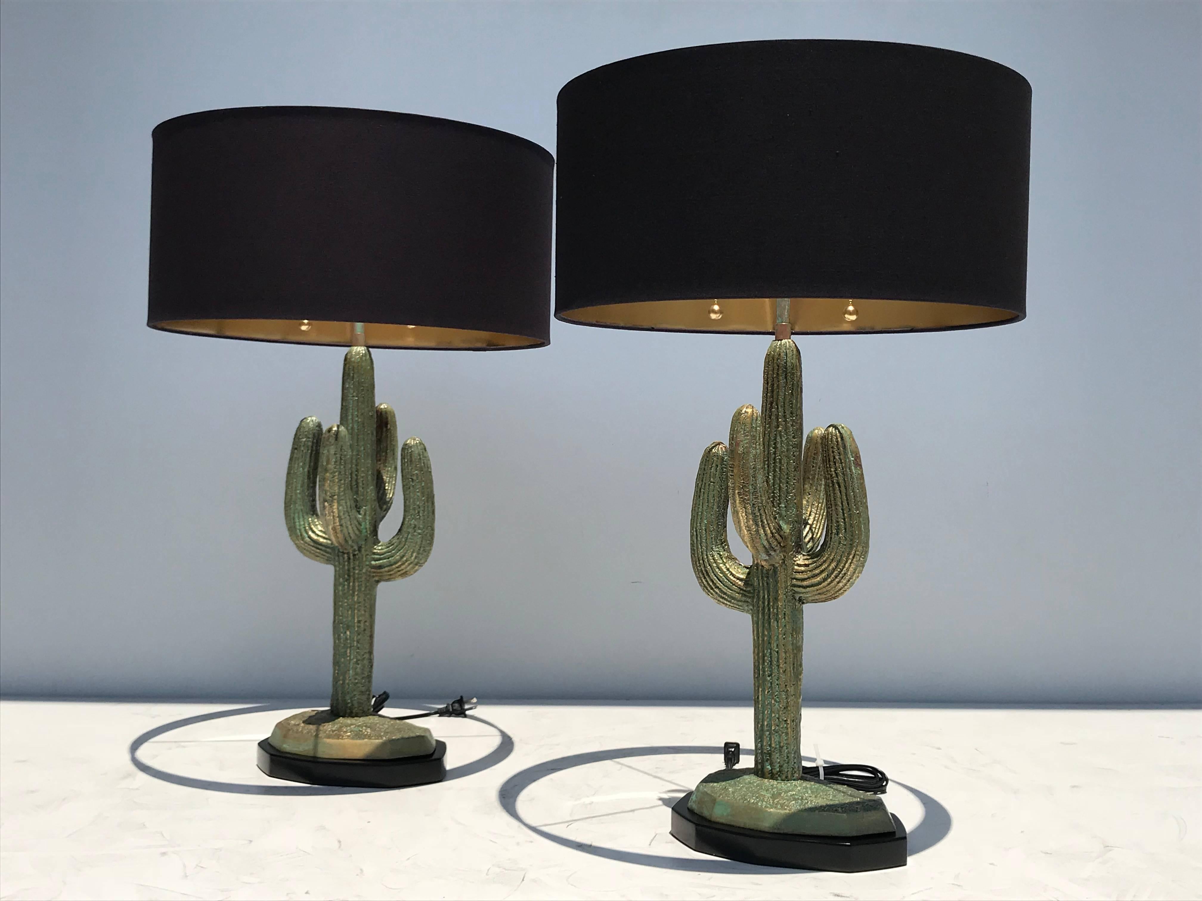 Pair of verdigris patina brass cactus lamps. Last photo shown with our massive cactus lamp 1stdibs reference number LU98505994453 for scale purposes.
Lamp shade shown is 18