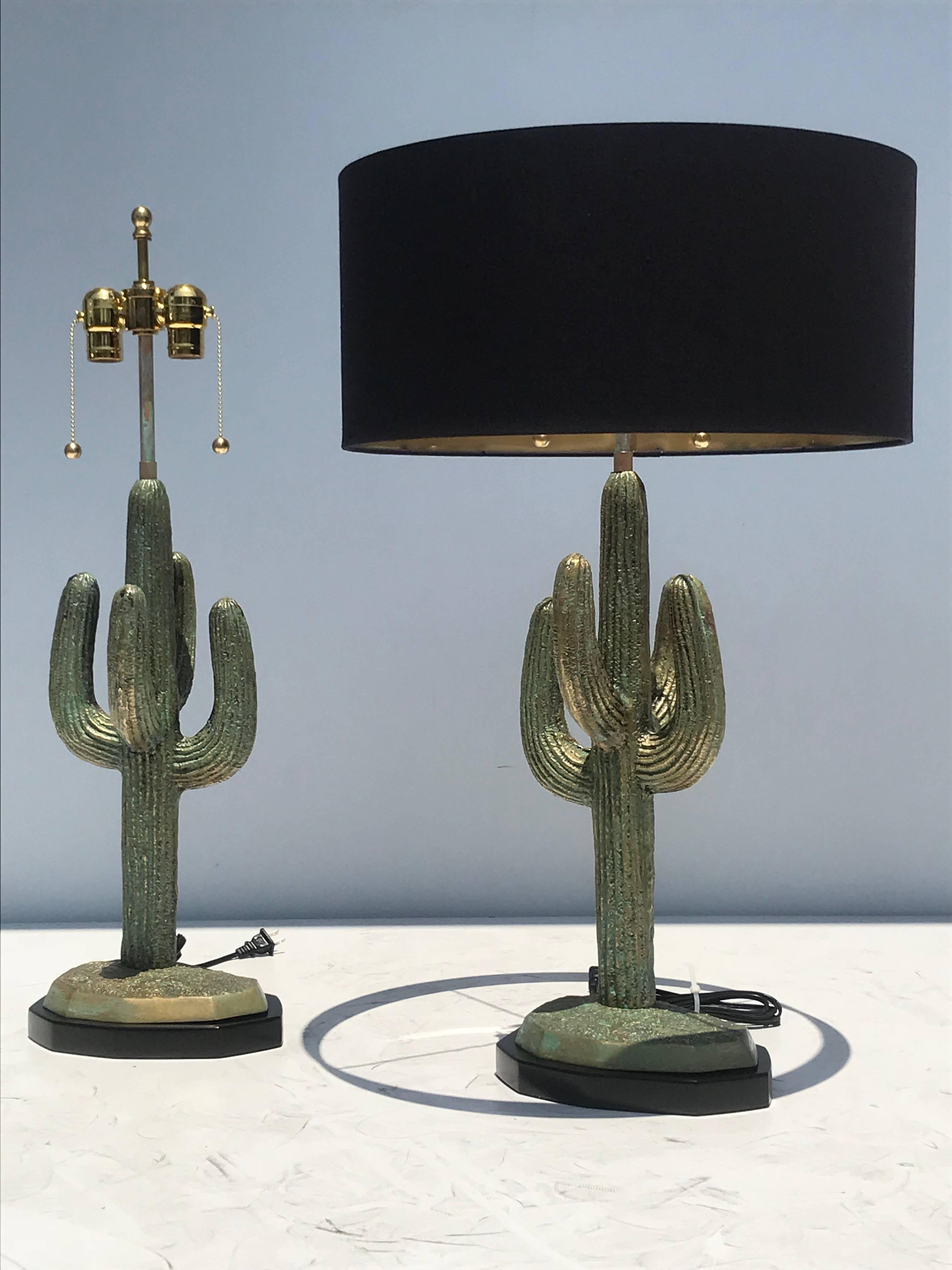 Hollywood Regency Pair of Verdigris Patina Brass Cactus Lamps