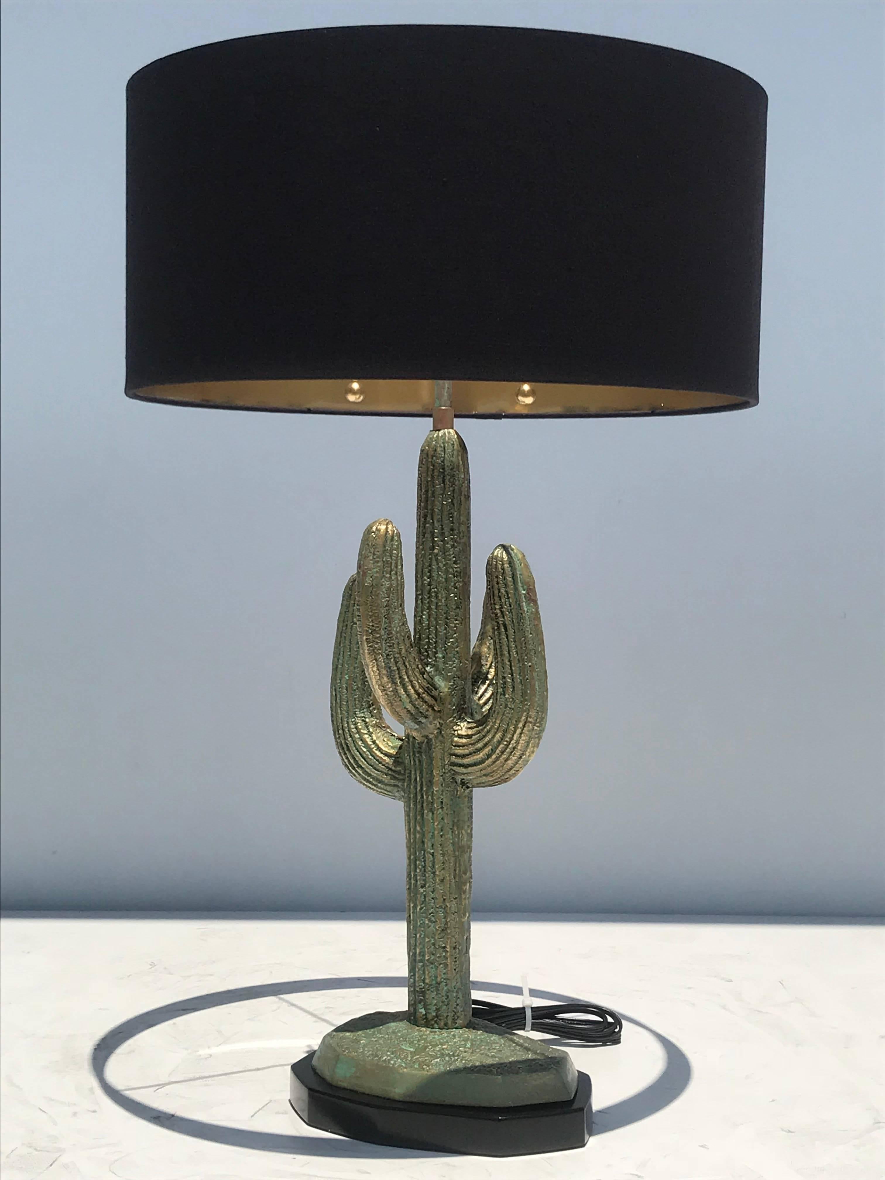 American Pair of Verdigris Patina Brass Cactus Lamps