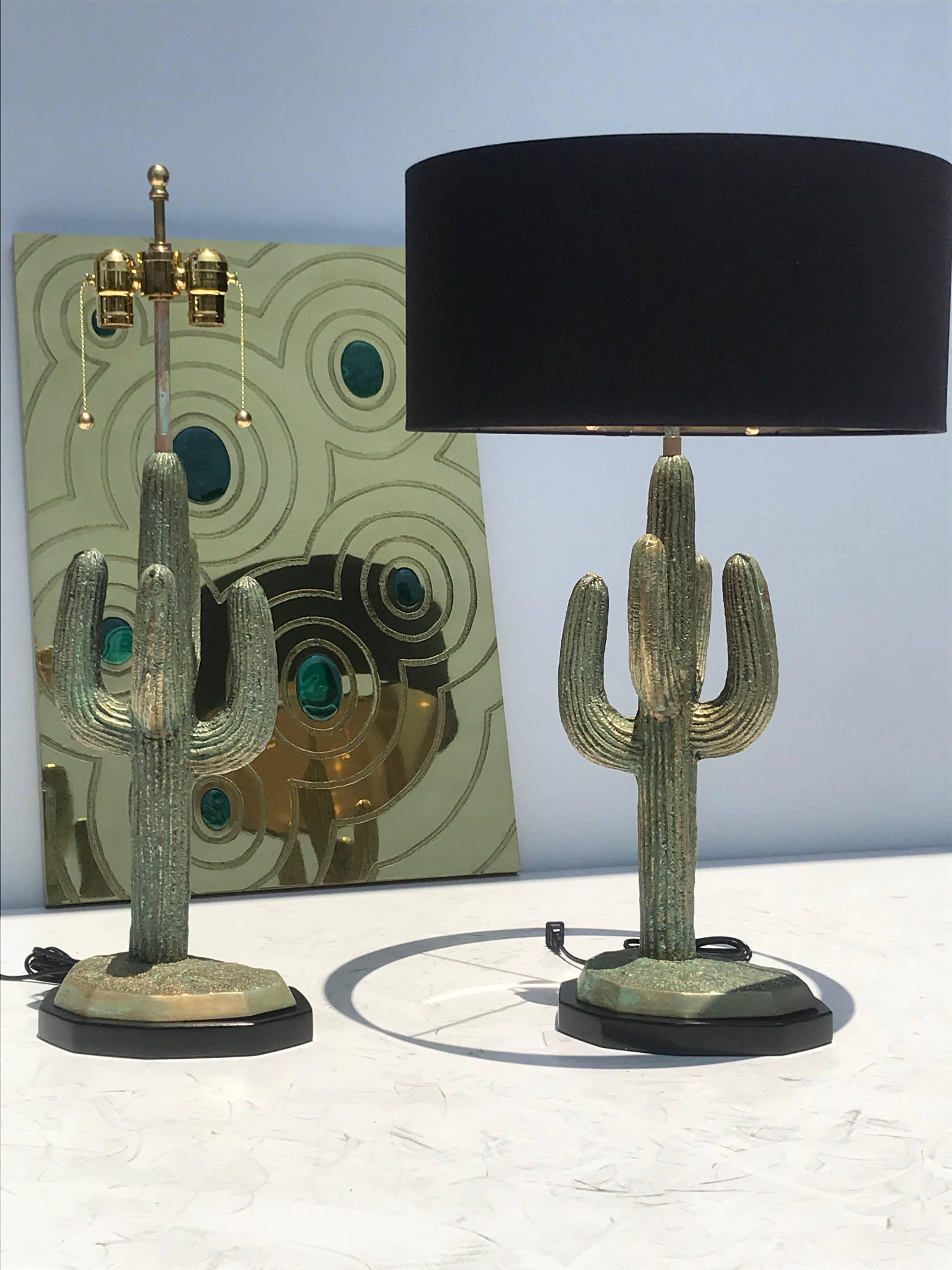 Patinated Pair of Verdigris Patina Brass Cactus Lamps