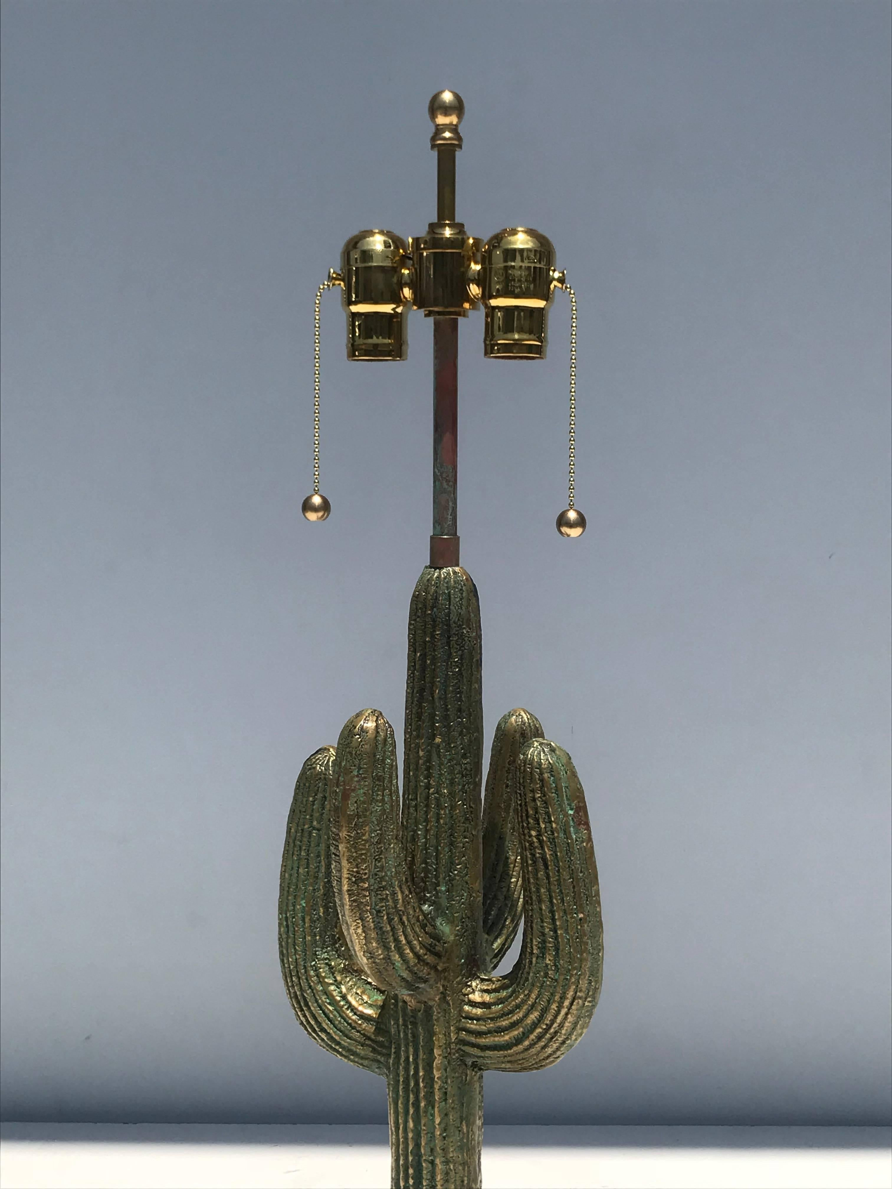 Pair of Verdigris Patina Brass Cactus Lamps In Excellent Condition In North Hollywood, CA