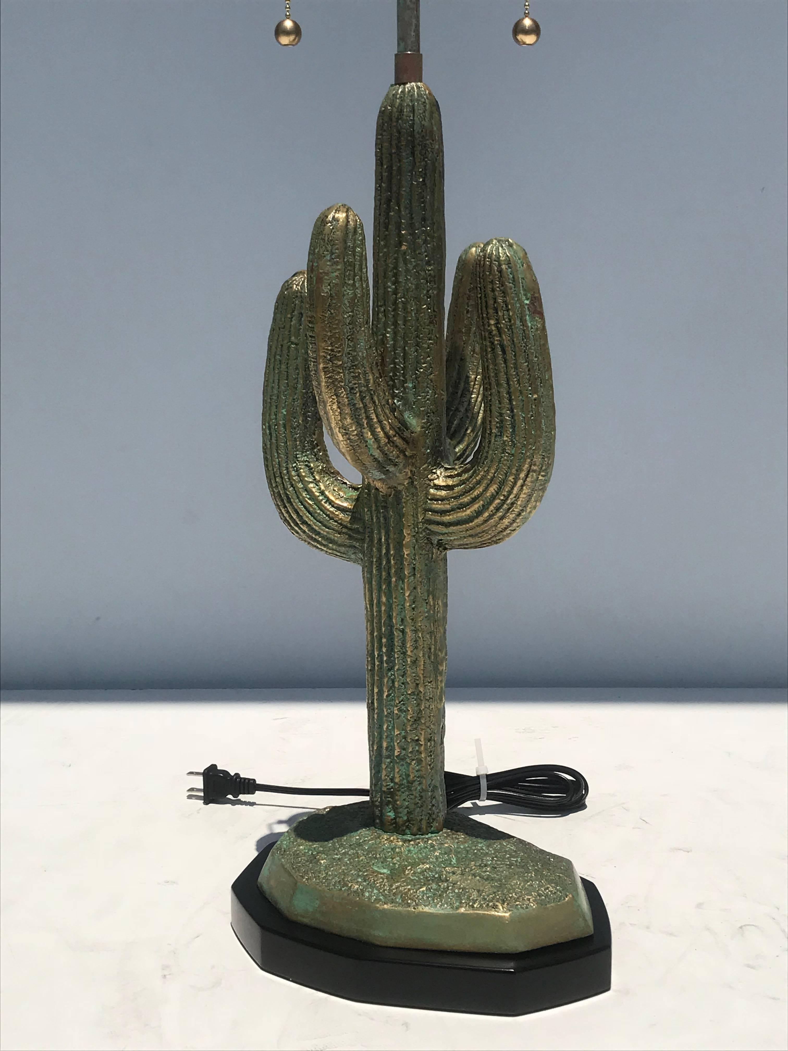 Late 20th Century Pair of Verdigris Patina Brass Cactus Lamps