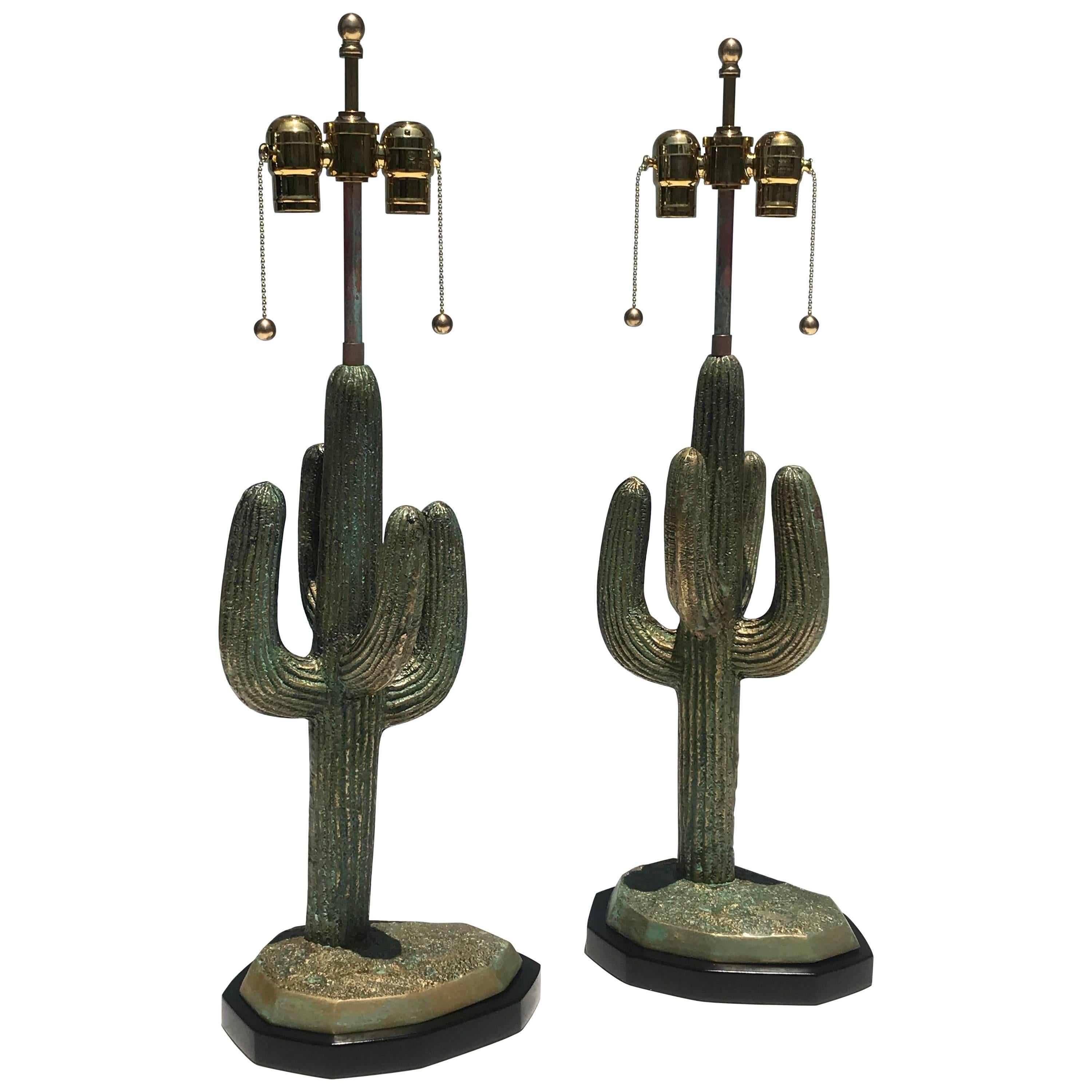 Pair of Verdigris Patina Brass Cactus Lamps
