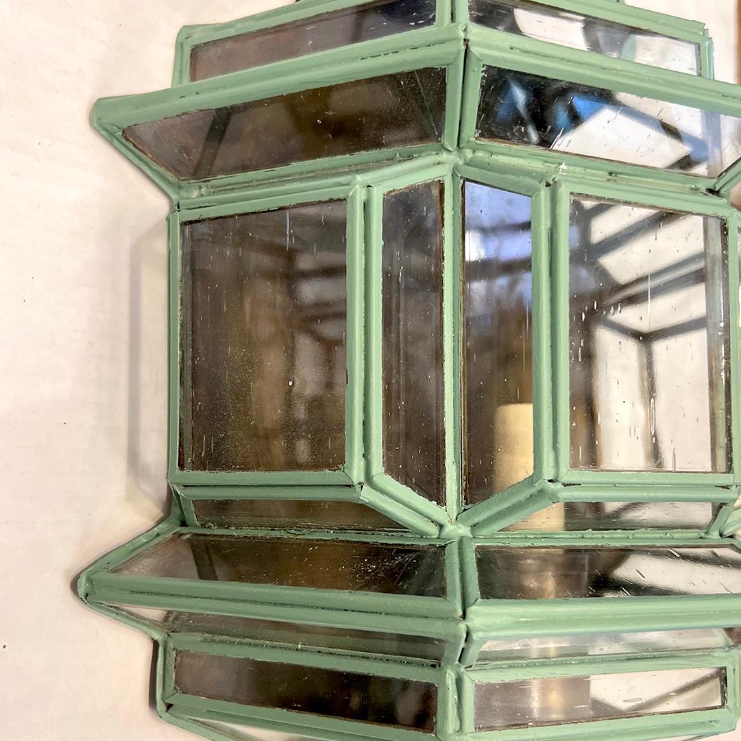 Metal Pair of Verdigris Tole Lanterns For Sale