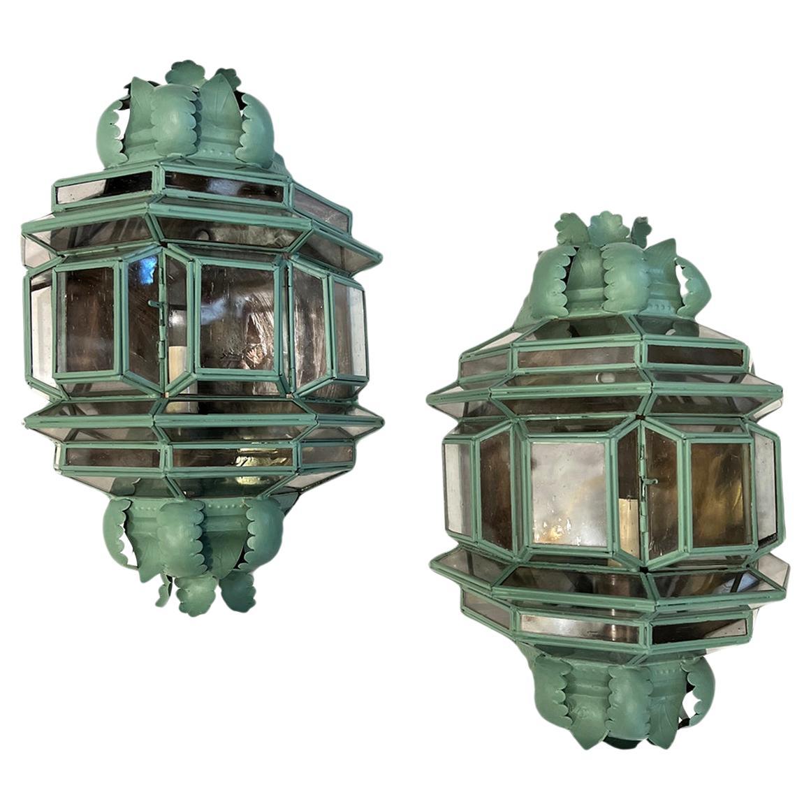 Pair of Verdigris Tole Lanterns For Sale