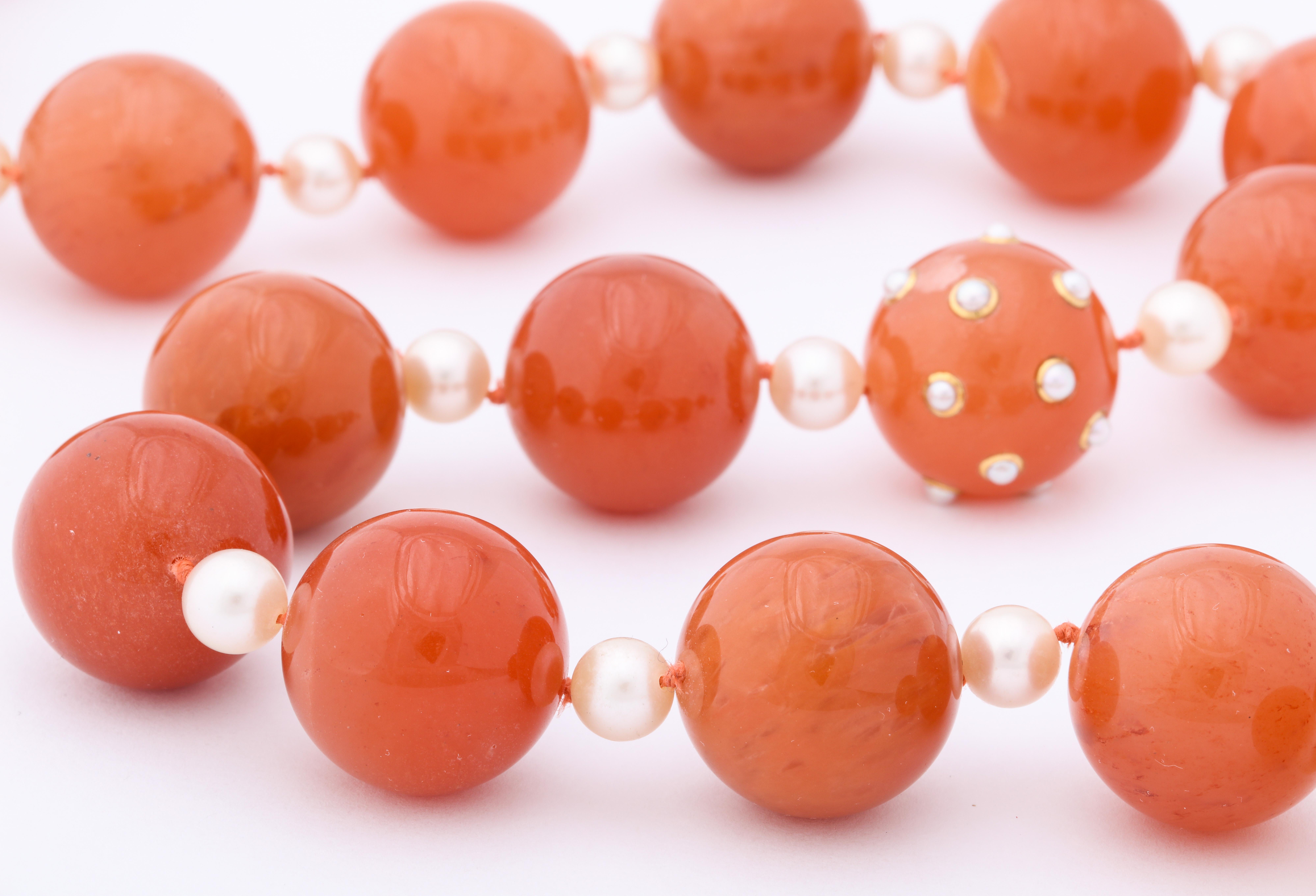 Pair of Verdura Carnelian Pearl Gold Necklaces In Excellent Condition In Bal Harbour, FL