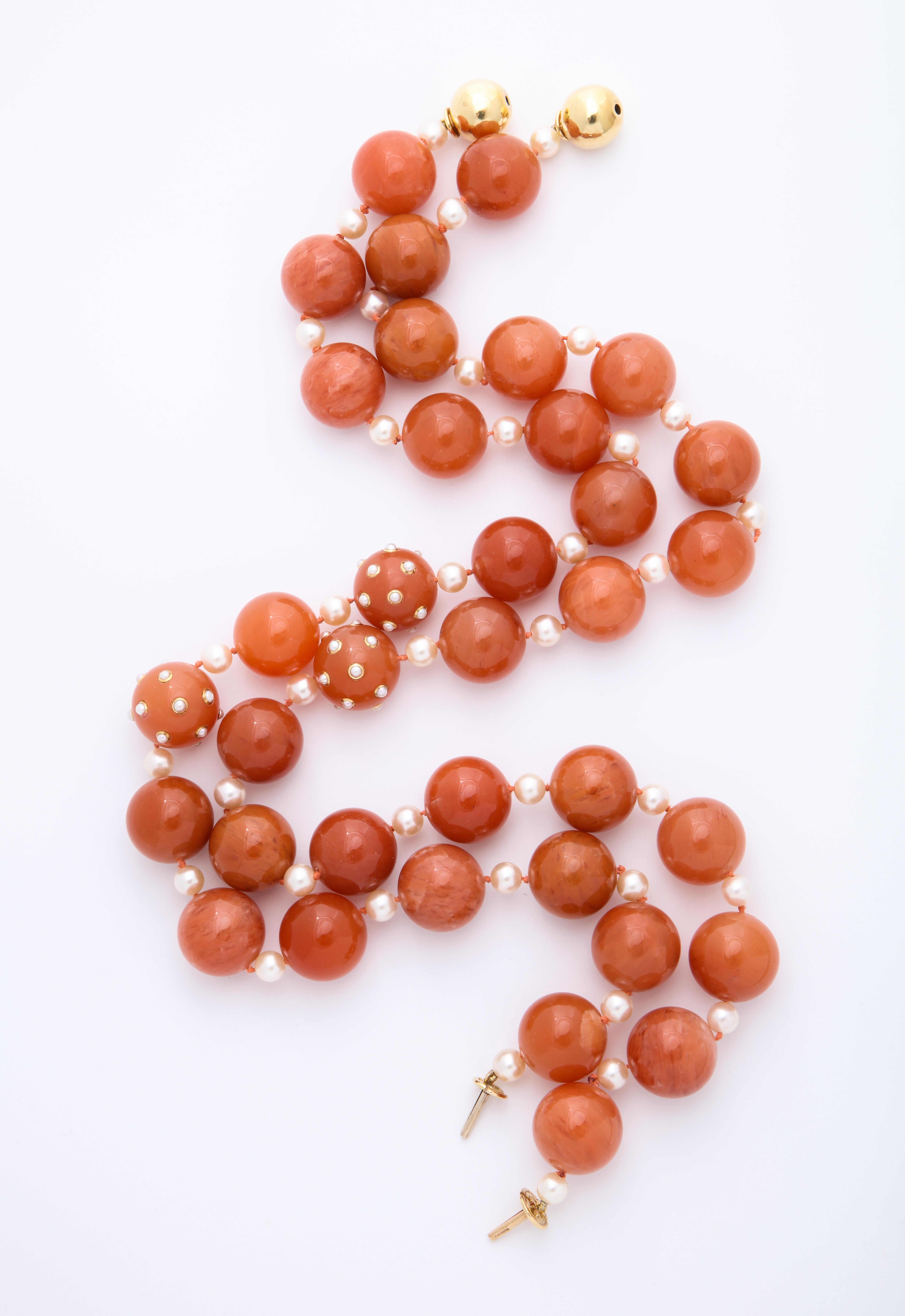 Pair of Verdura Carnelian Pearl Gold Necklaces 1