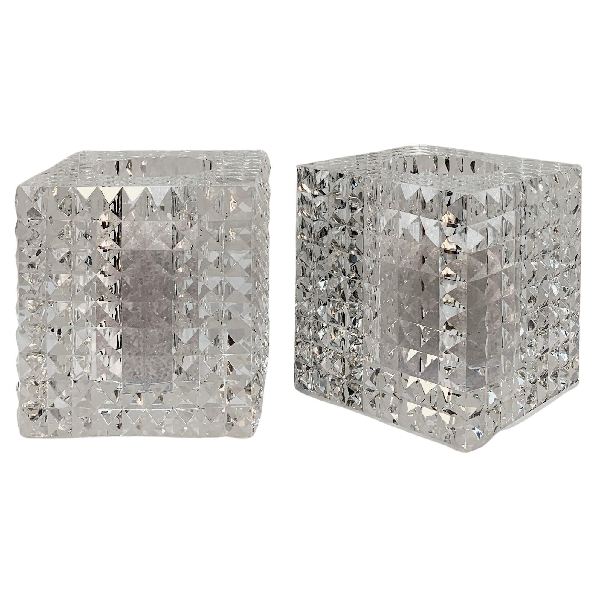 Pair of Veritas Contemporary Faceted Optical Glass Square Vases, Texas, 2016
