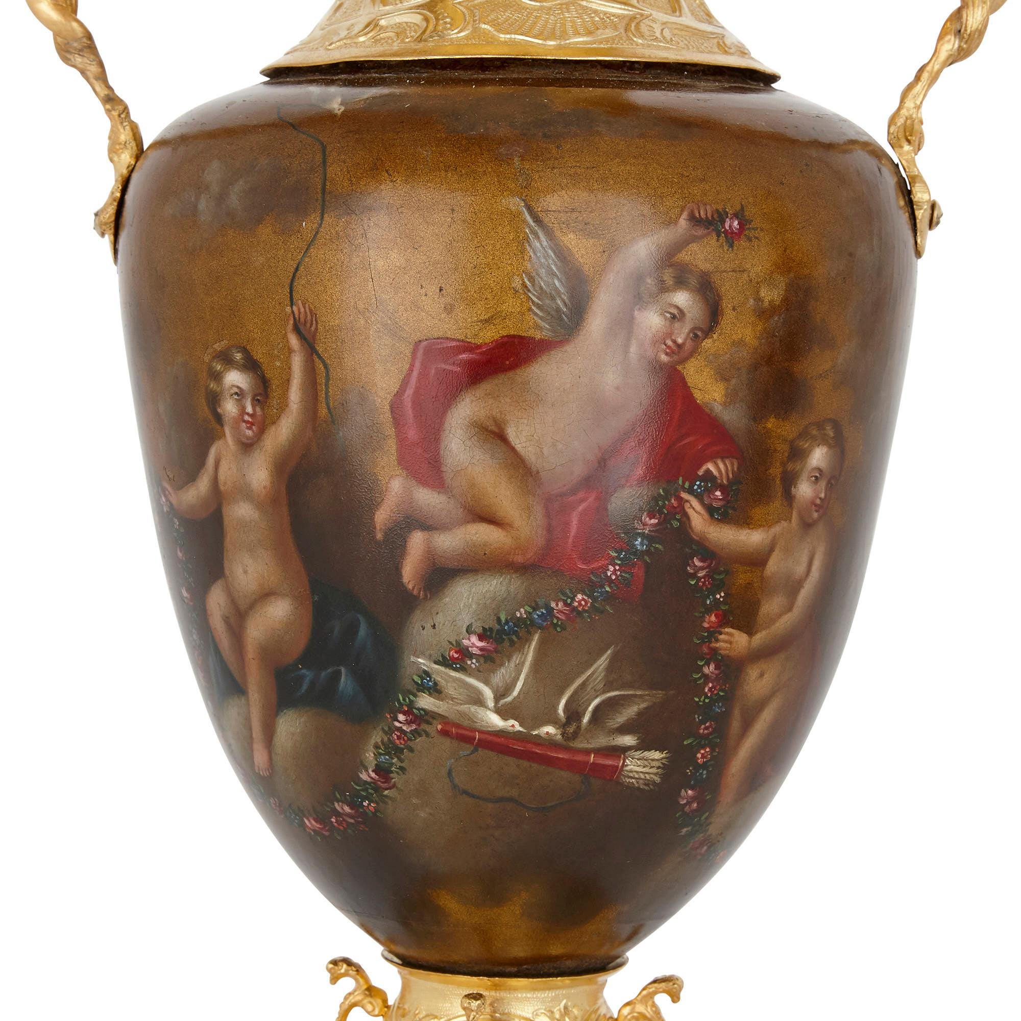Pair of Vermeil and Vernis Martin Louis XV Style Vases In Good Condition For Sale In London, GB