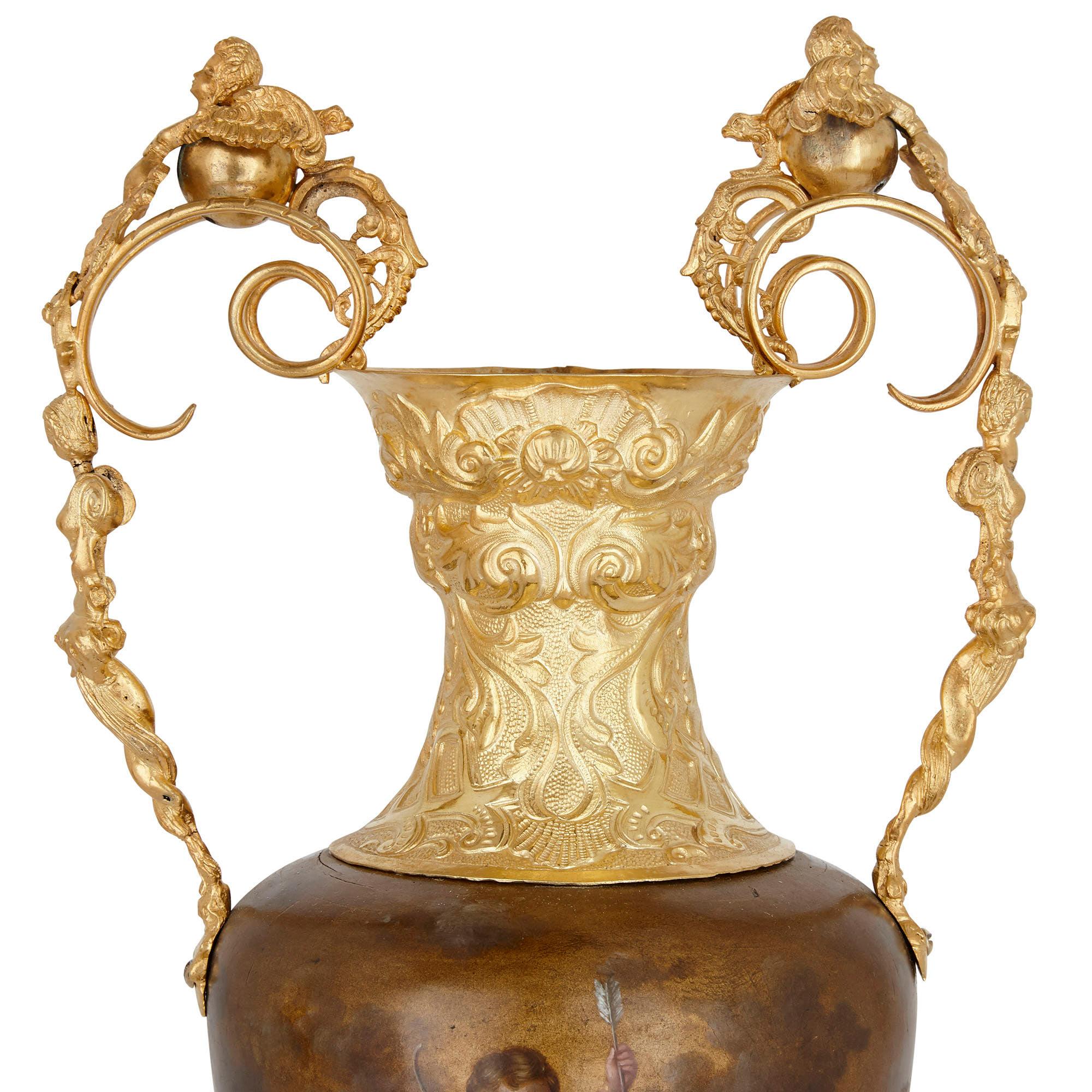 19th Century Pair of Vermeil and Vernis Martin Louis XV Style Vases For Sale