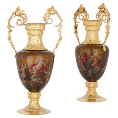 Pair of Vermeil and Vernis Martin Louis XV Style Vases