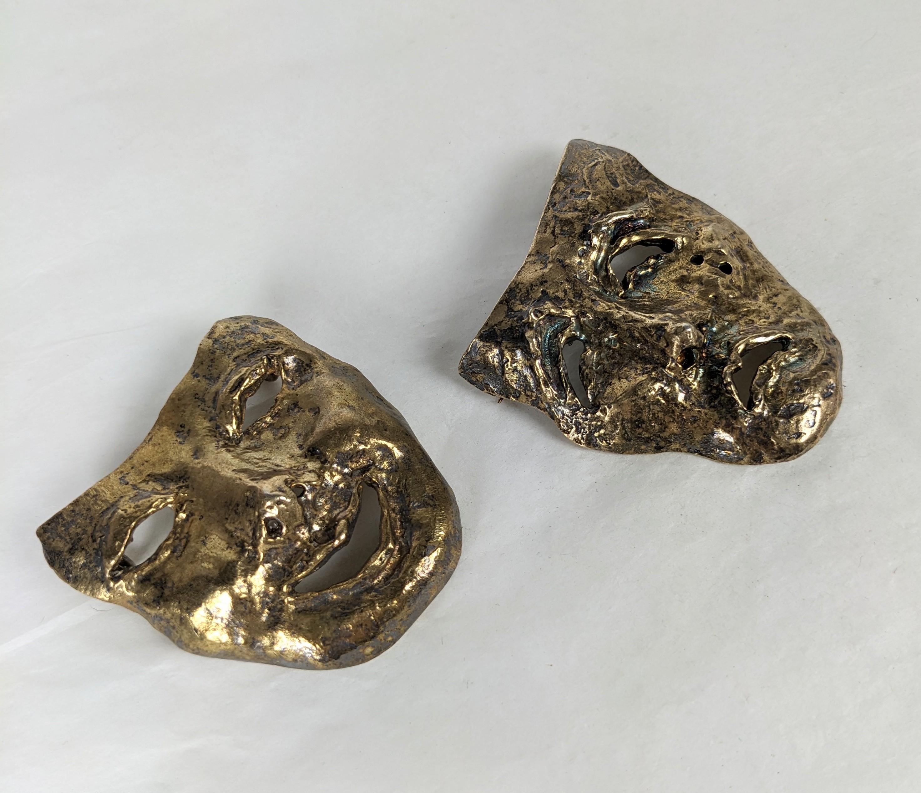Pair of Vermeil Sterling Comedy Tragedy Brooches, Judy Gold In Excellent Condition For Sale In New York, NY