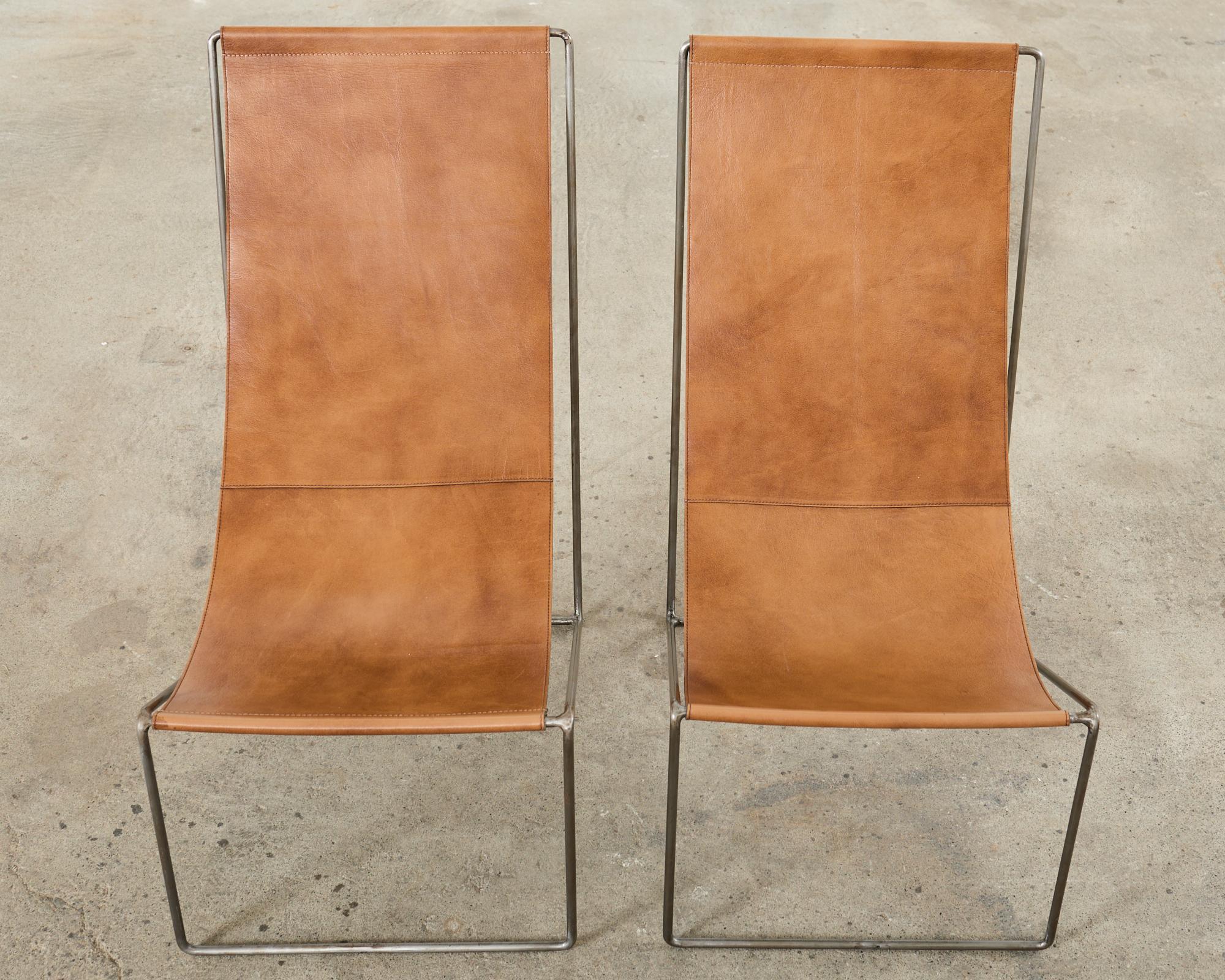 Contemporary Pair of Verner Panton Style Leather Sling Lounge Chairs For Sale