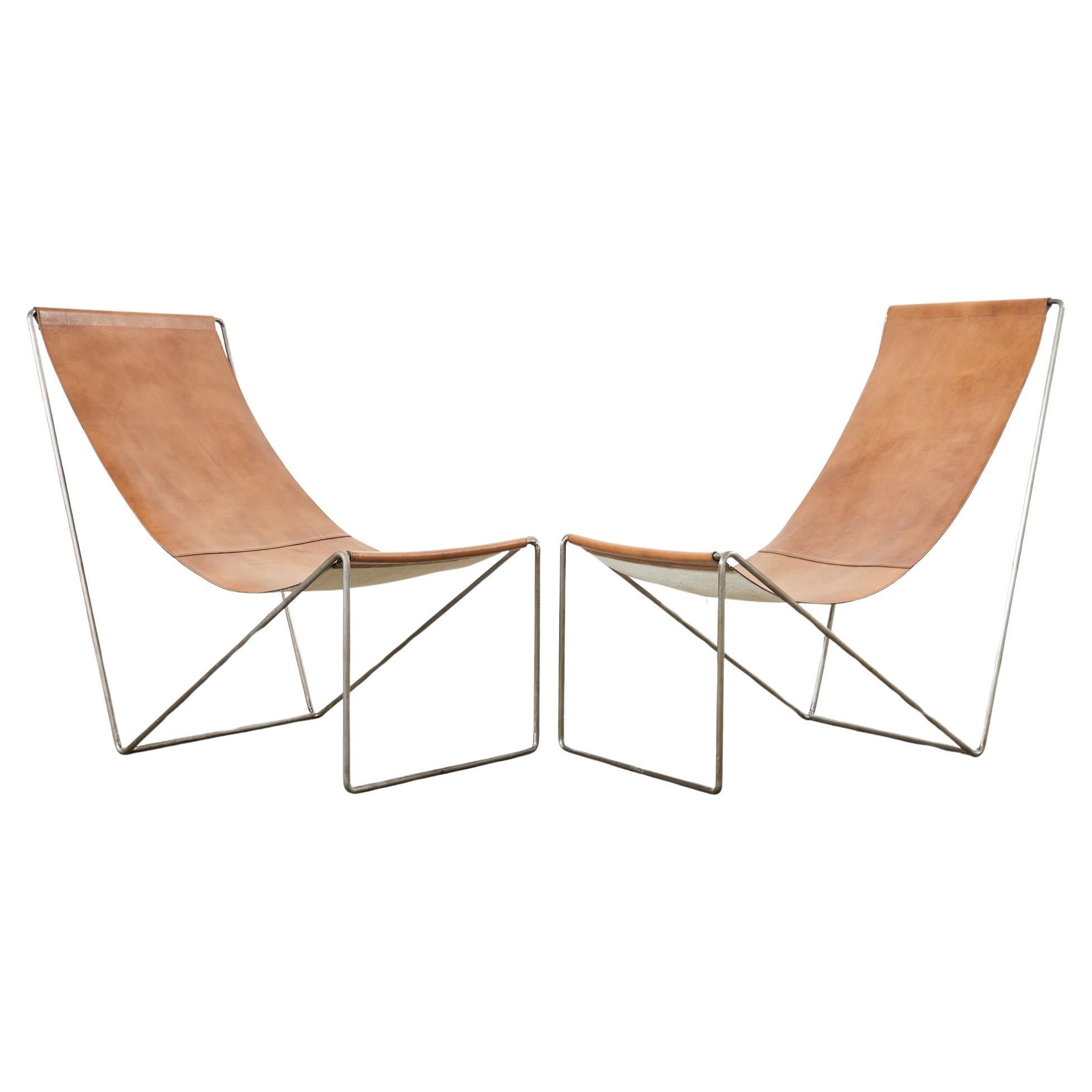 Pair of Verner Panton Style Leather Sling Lounge Chairs For Sale